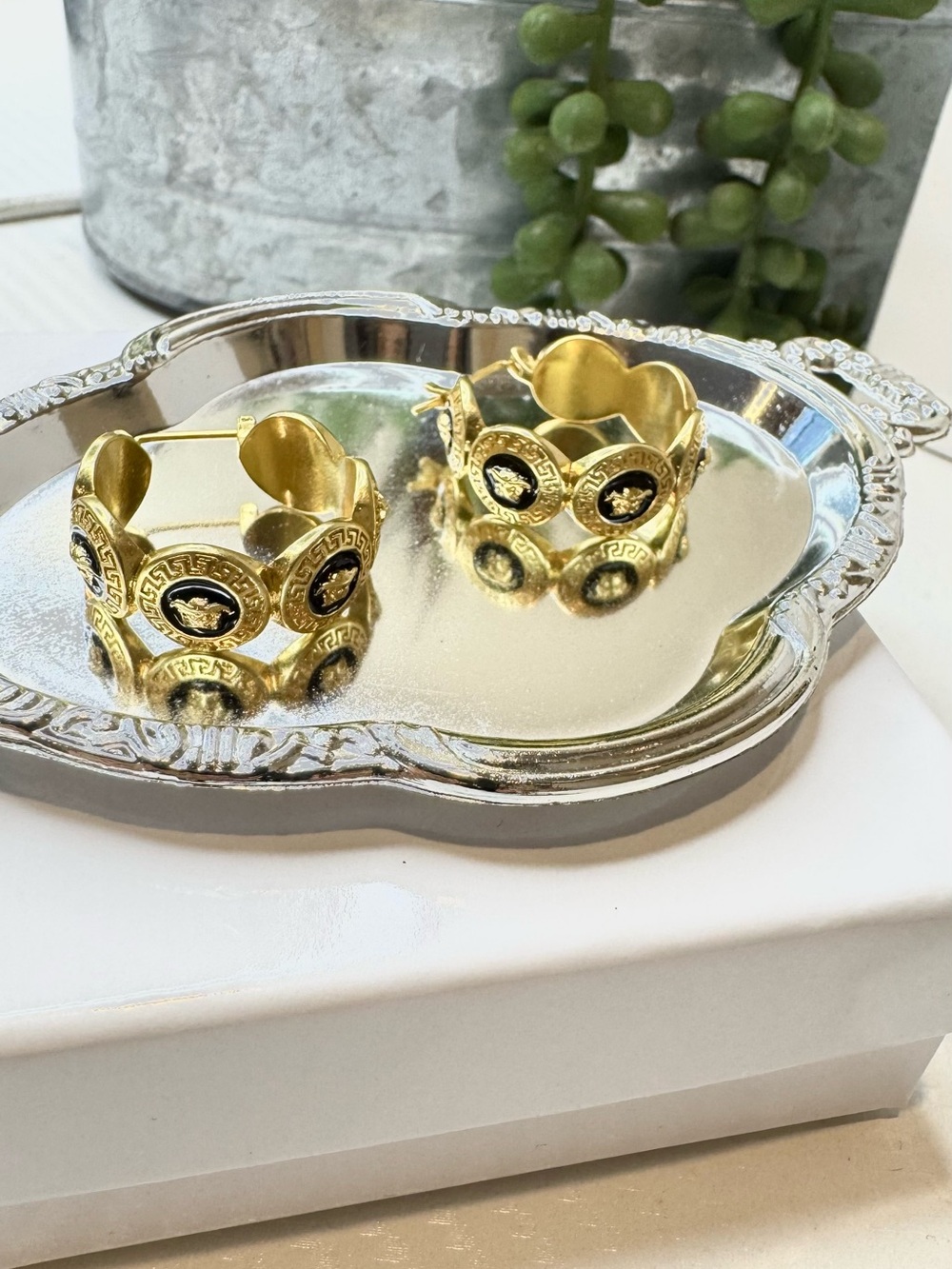 Versace Gold Hoop Earrings with Black Medallion Details